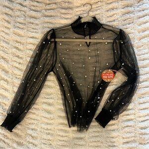 Forever 21 Black Sheer Blouse with Pearl Details